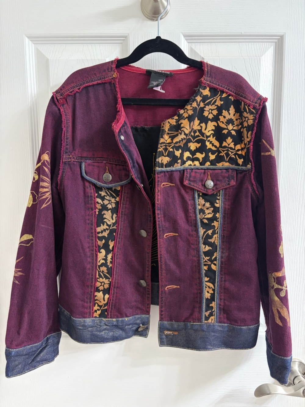 Express Plum Patchwork Jacket with Gold Floral Accents